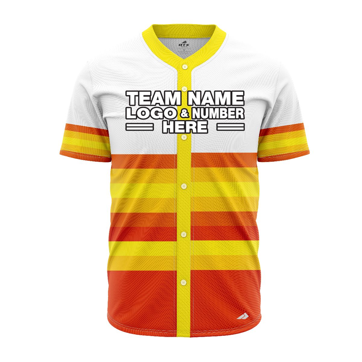Custom Fully Sublimated Horizontal Stripes Two Pattern White Yellow Orange Performance Baseball Softball Full Buttons Jersey 16883