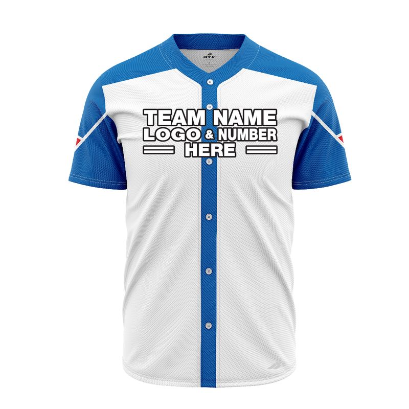 Custom Fully Sublimated Geometric Sleeves Pattern White Blue Red Performance Baseball Softball Full Buttons Jersey 16894