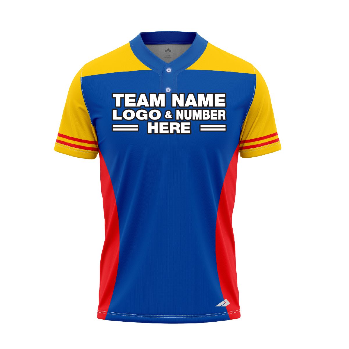 Custom Fully Sublimated Unique Two Pattern Blue Yellow Red Performance Baseball Softball Two Buttons Jersey 16976