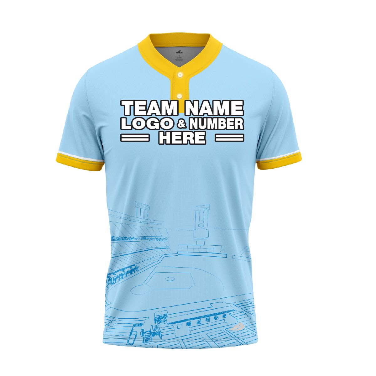 Custom Fully Sublimated Field Two Pattern SkyBlue Yellow Performance Baseball Softball Two Buttons Jersey 17006