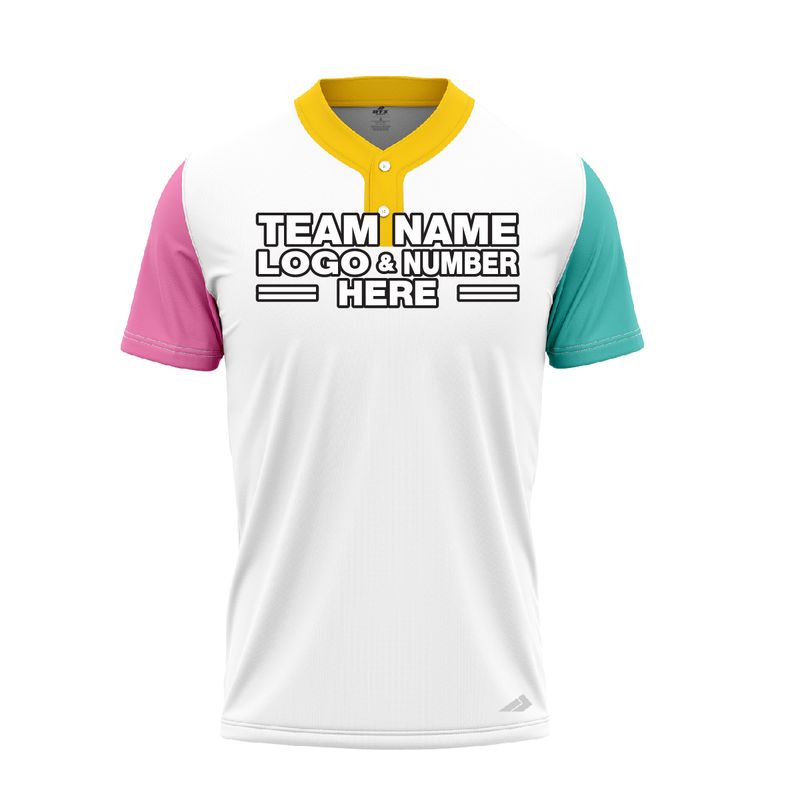 Custom Fully Sublimated Baby Colors Pattern White Teal Pink Yellow Performance Baseball Softball Two Buttons Jersey 17020