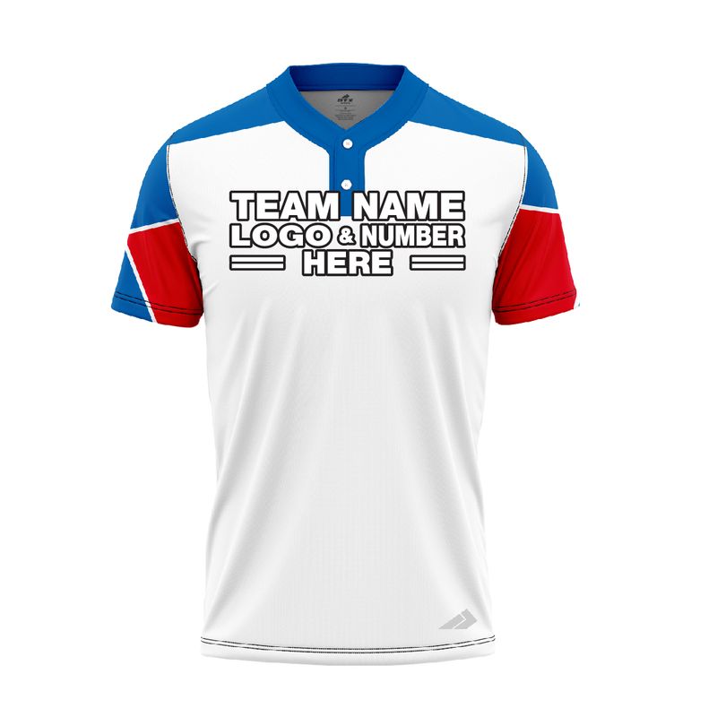 Custom Fully Sublimated Geometric Sleeves Pattern White Blue Red Performance Baseball Softball Two Buttons Jersey 17046