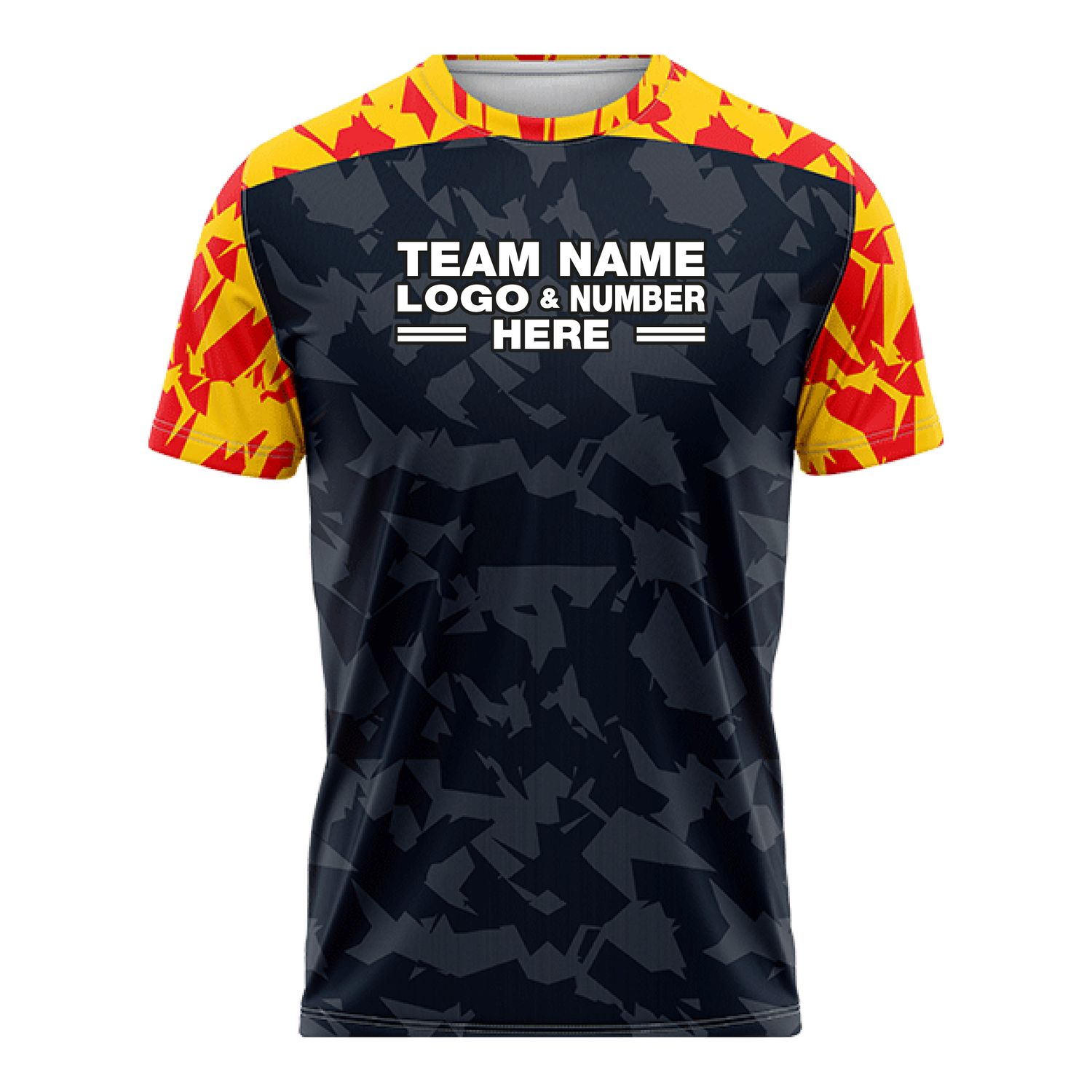Custom Fully Sublimated Volcano Pattern Black Yellow Red Performance Soccer Uniform Jersey 17452