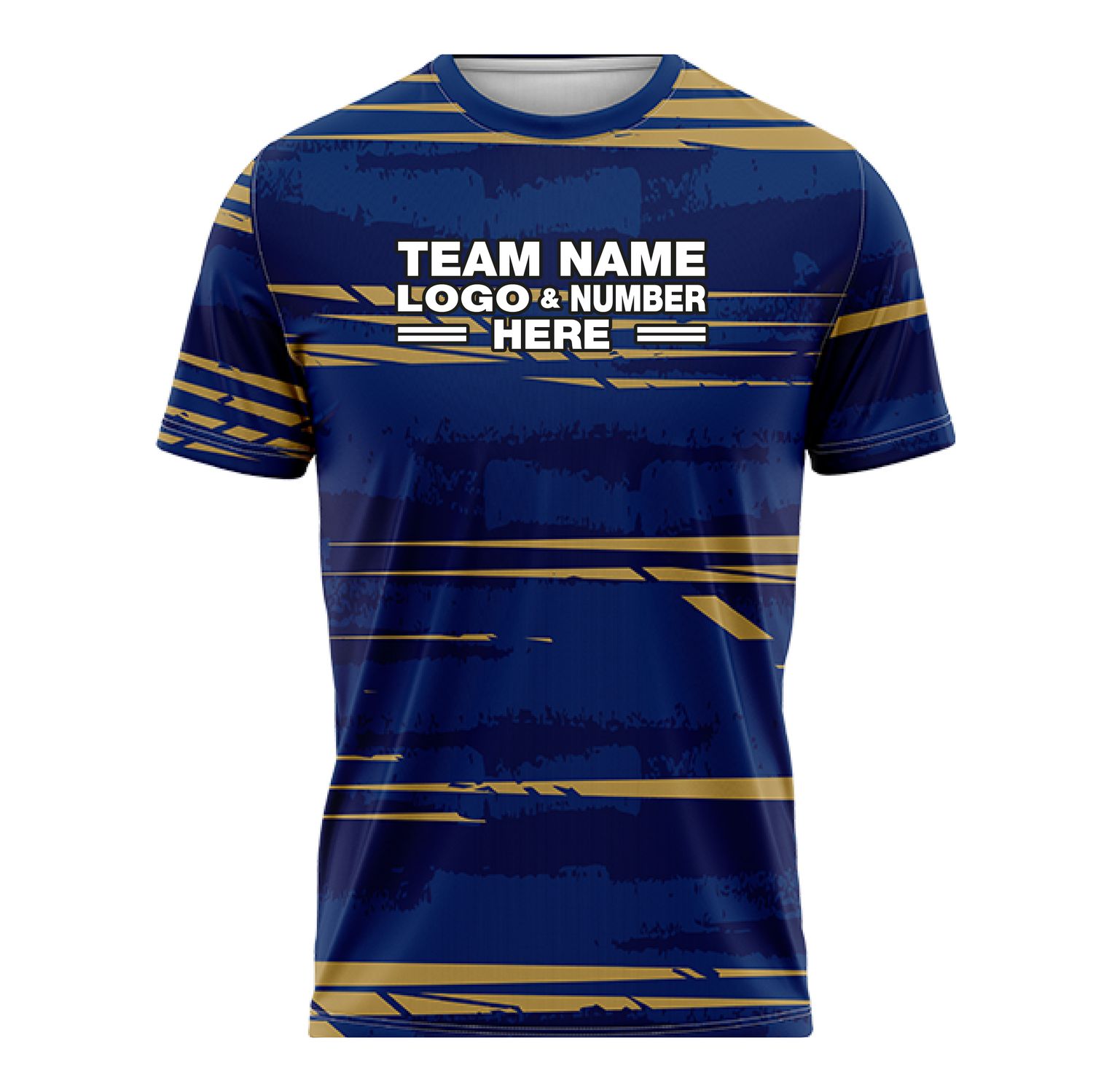 Custom Fully Sublimated Horizontal Stripes Three Pattern Navy Blue Gold Performance Soccer Uniform Jersey 17532
