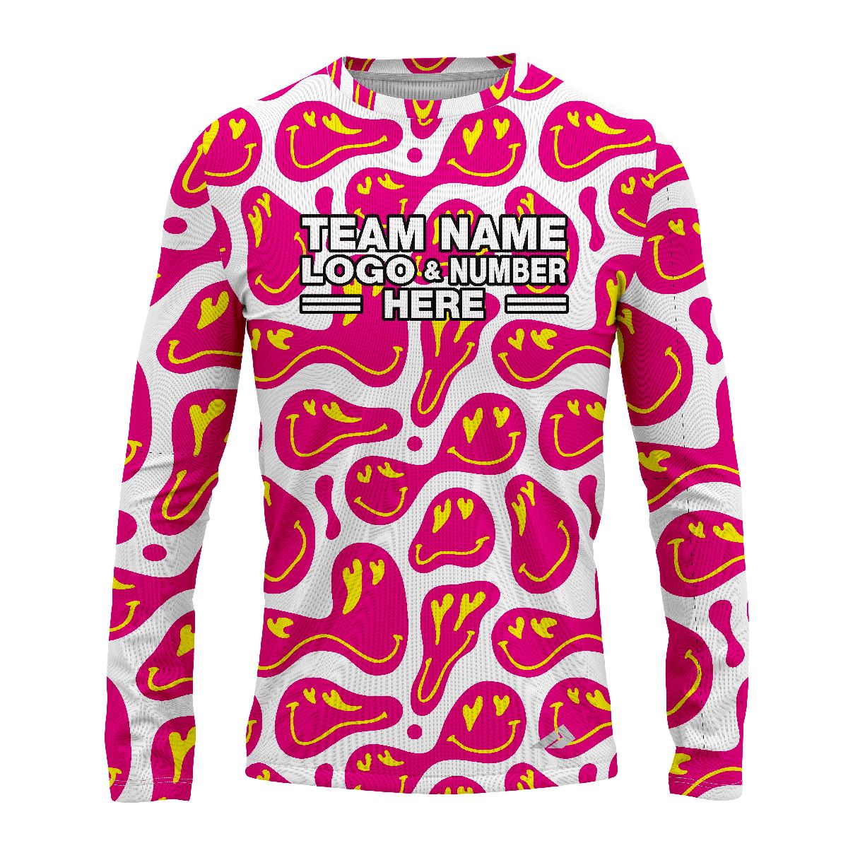 Custom Fully Sublimated Energetic Smiles Tie Dye Pattern Pink Yellow White Performance Long Sleeves 17664