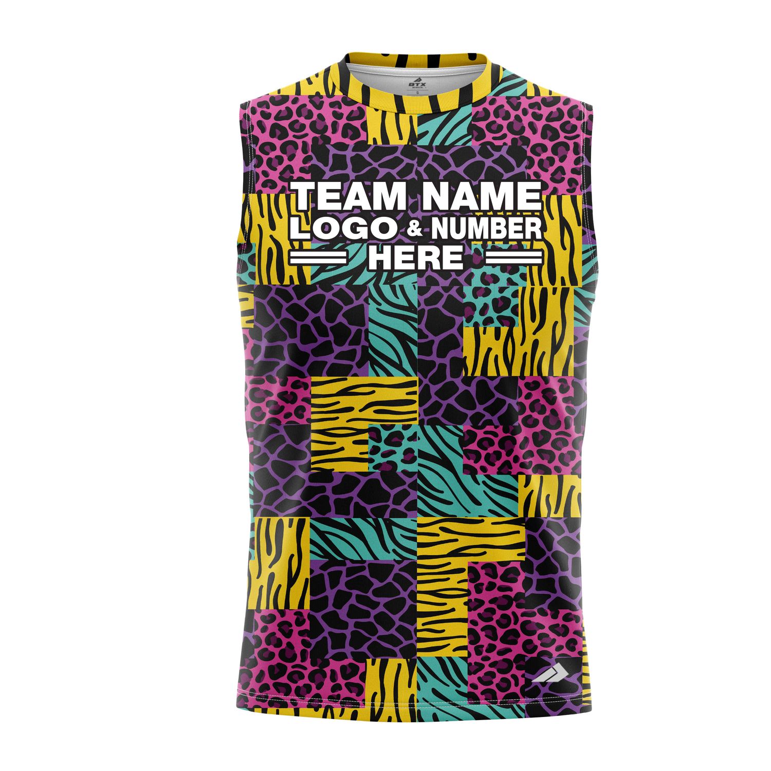Custom Fully Sublimated Mixed Animal Print Yellow Purple Pink Teal Performance Sleeveless 19395