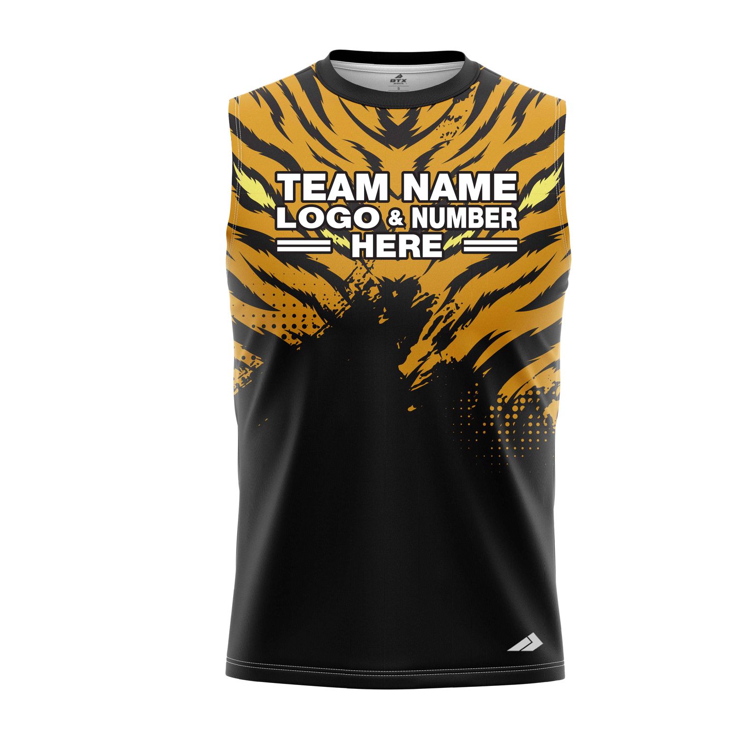 Custom Fully Sublimated Fierce Tiger Animal Print Pattern Black Yellow Performance Sleeveless 19391