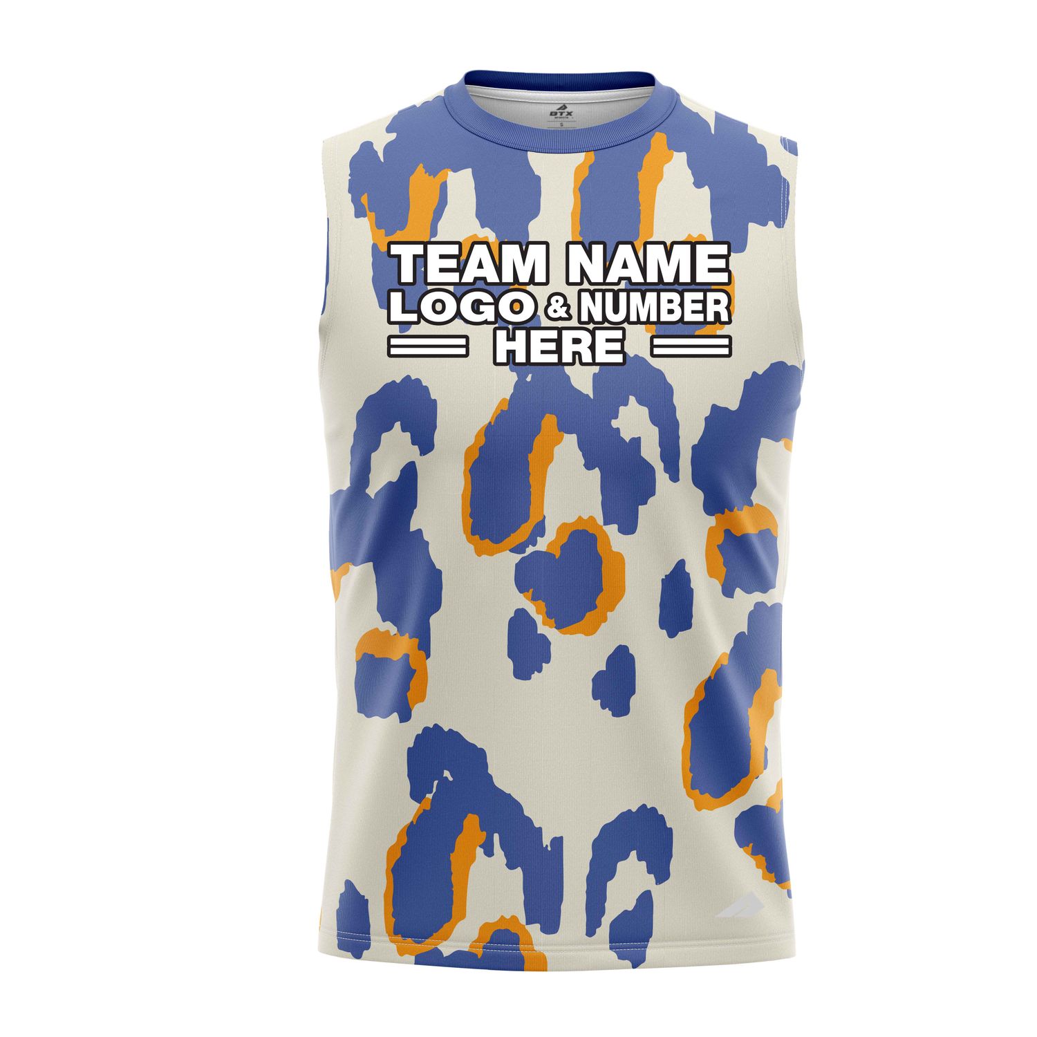 Custom Fully Sublimated Abstract Animal Print Two White Blue Orange Performance Sleeveless 19451