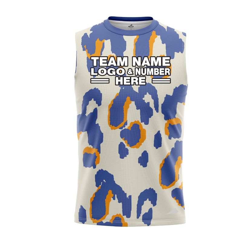 Custom Fully Sublimated Abstract Animal Print Two White Blue Orange Performance Sleeveless 19451