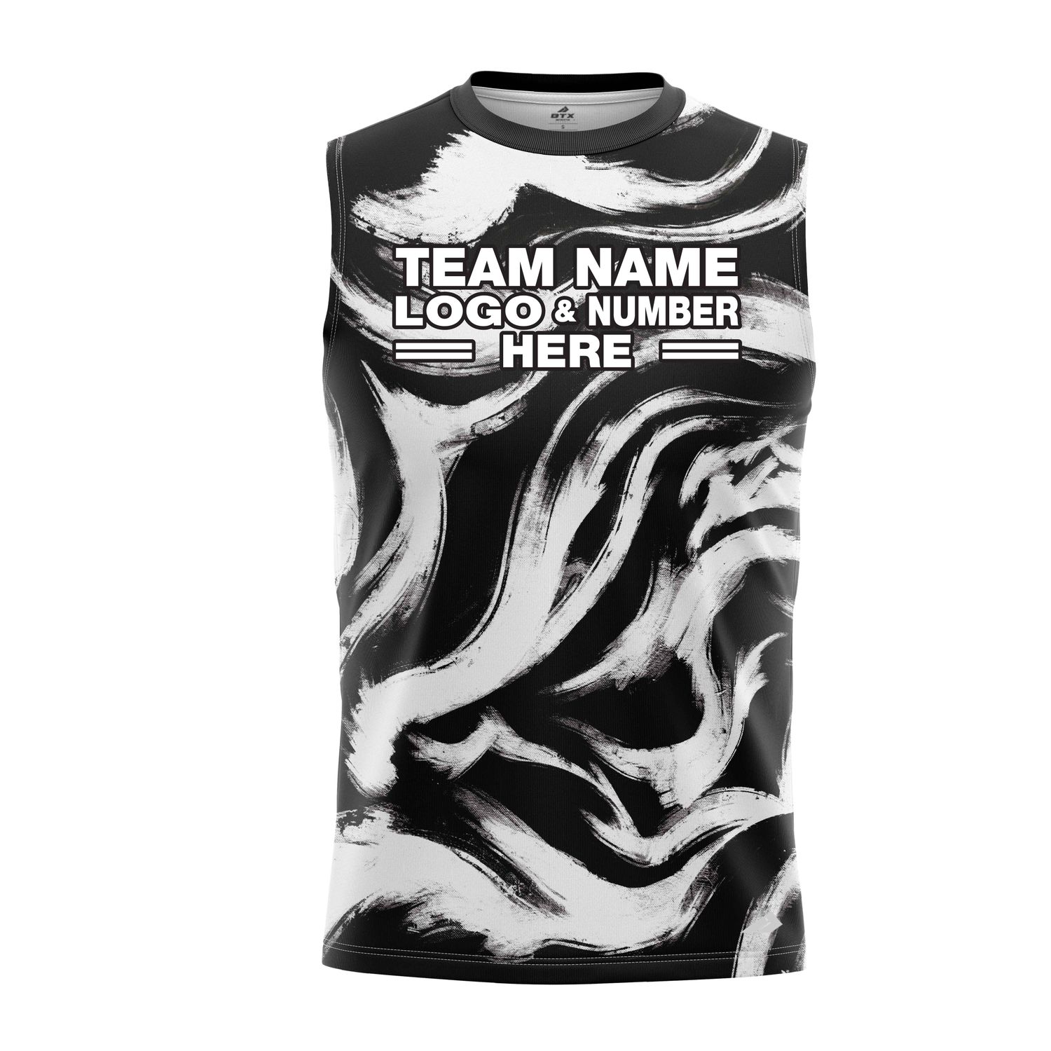Custom Fully Sublimated Vibrant Monochrome Swirl Print Black White Performance Sleeveless 19479