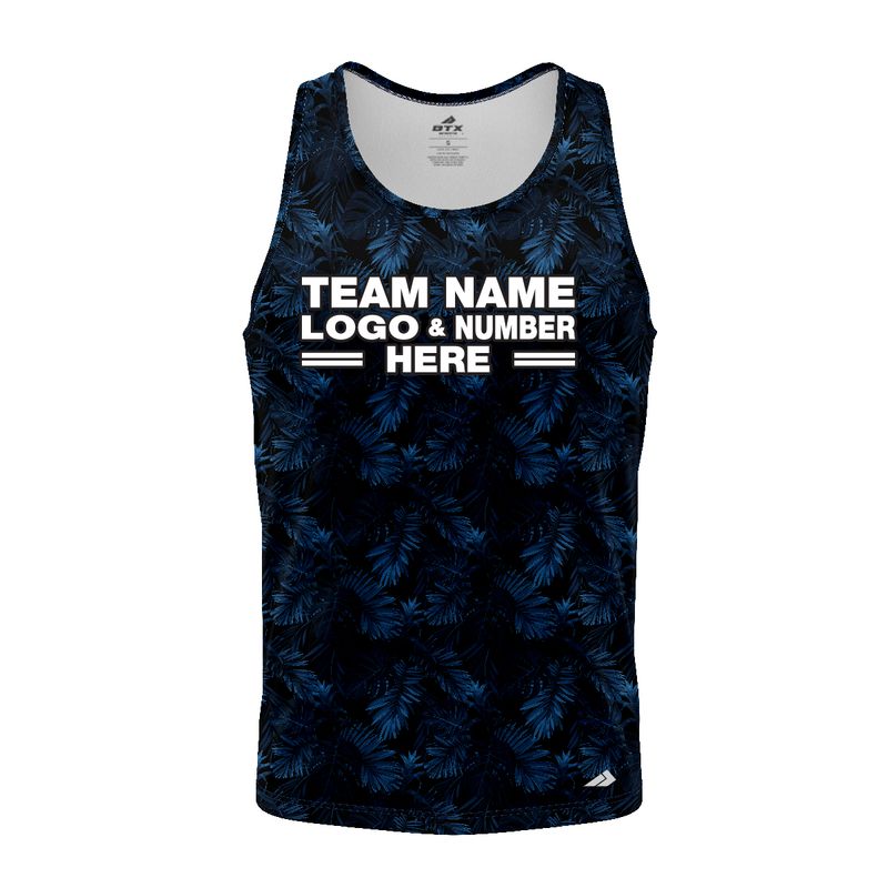 Custom Fully Sublimated Blue Foliage Floral Pattern Black Blue Performance Tank Top 19531
