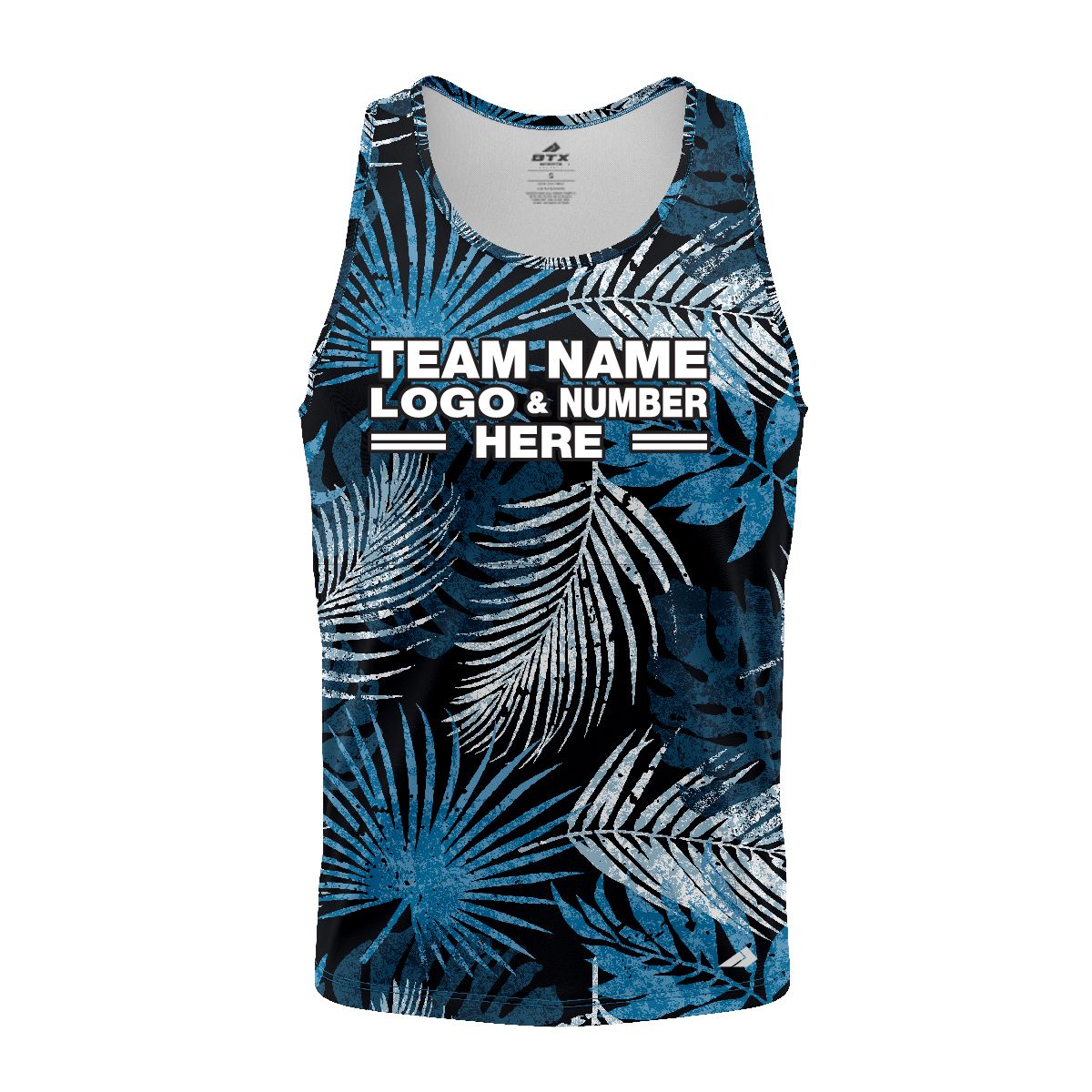 Custom Fully Sublimated Blue Foliage Floral Two Pattern Black Blue White Performance Tank Top 19551
