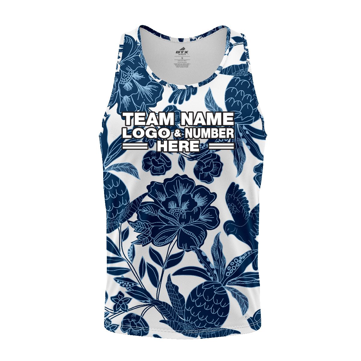 Custom Fully Sublimated Botanical Floral Two Pattern Blue White Performance Tank Top 19563