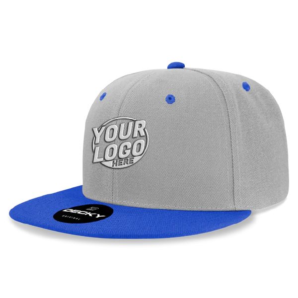 6020 Baseball 6 Panel High Profile Structured Acrylic / Polyester Flat Bill Snap Back Heather Gray Royal Blue Hat 548