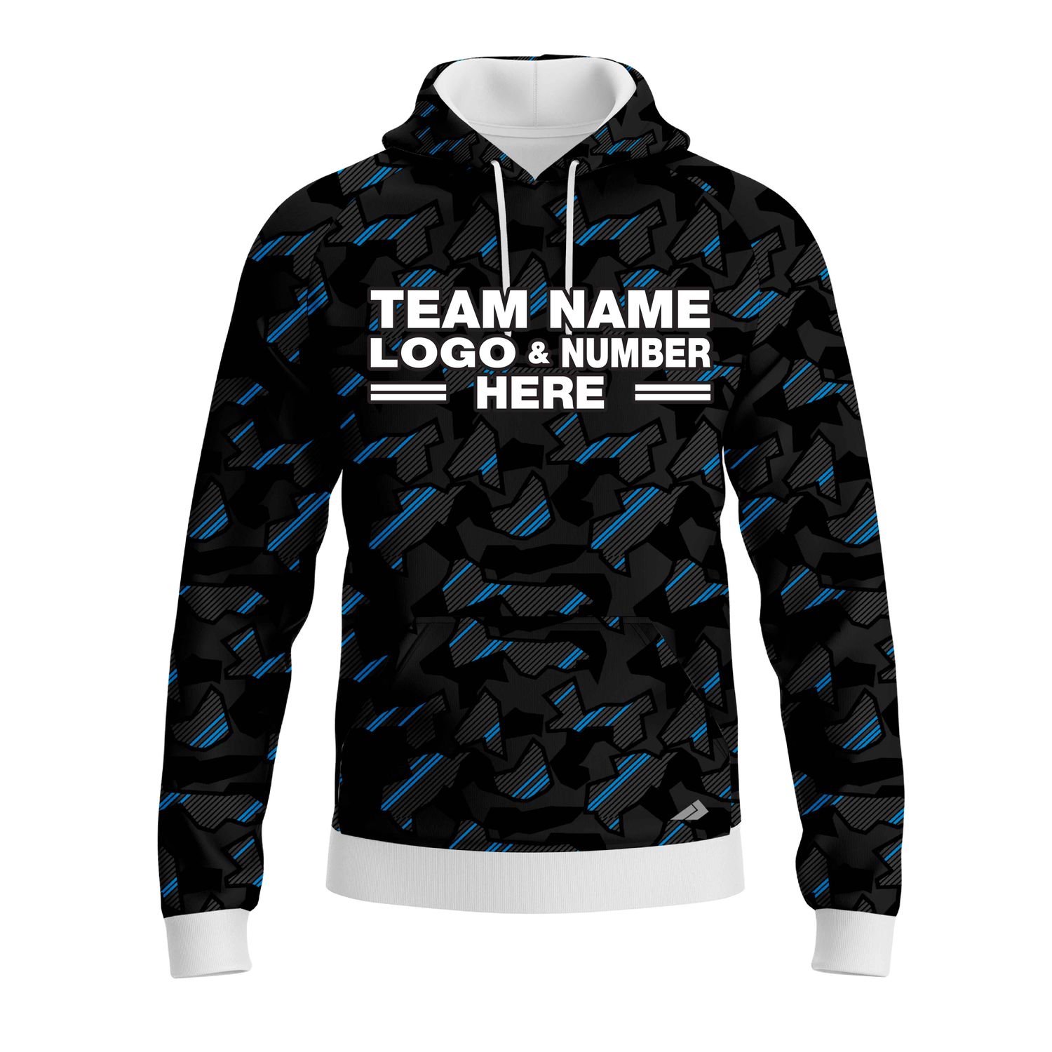 Custom Fully Sublimated Sports Camo Pattern Neon Blue Black Performance Sports Pullover Hoodie 21000