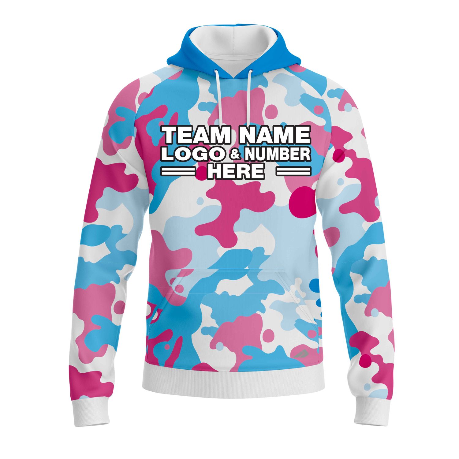 Custom Fully Sublimated Vibrant Camo Pattern Texture Sky Blue Pink Performance Sports Pullover Hoodie 21012