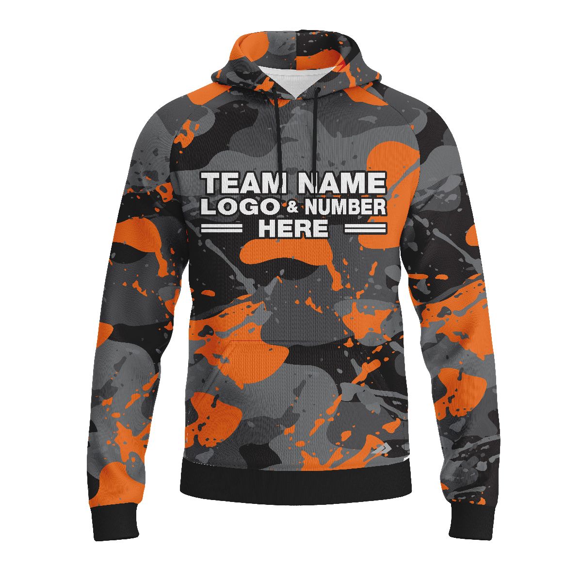 Custom Fully Sublimated Orange Splash Camo Pattern Black Gray Orange Black Performance Sports Pullover Hoodie 21036