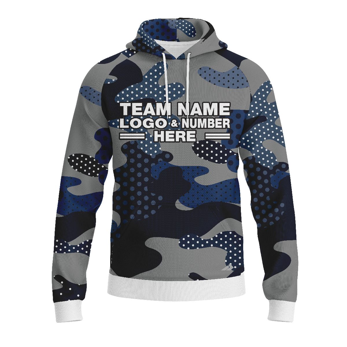 Custom Fully Sublimated Woodland Camo Pattern Dark Blue Gray Black Performance Sports Pullover Hoodie 21054