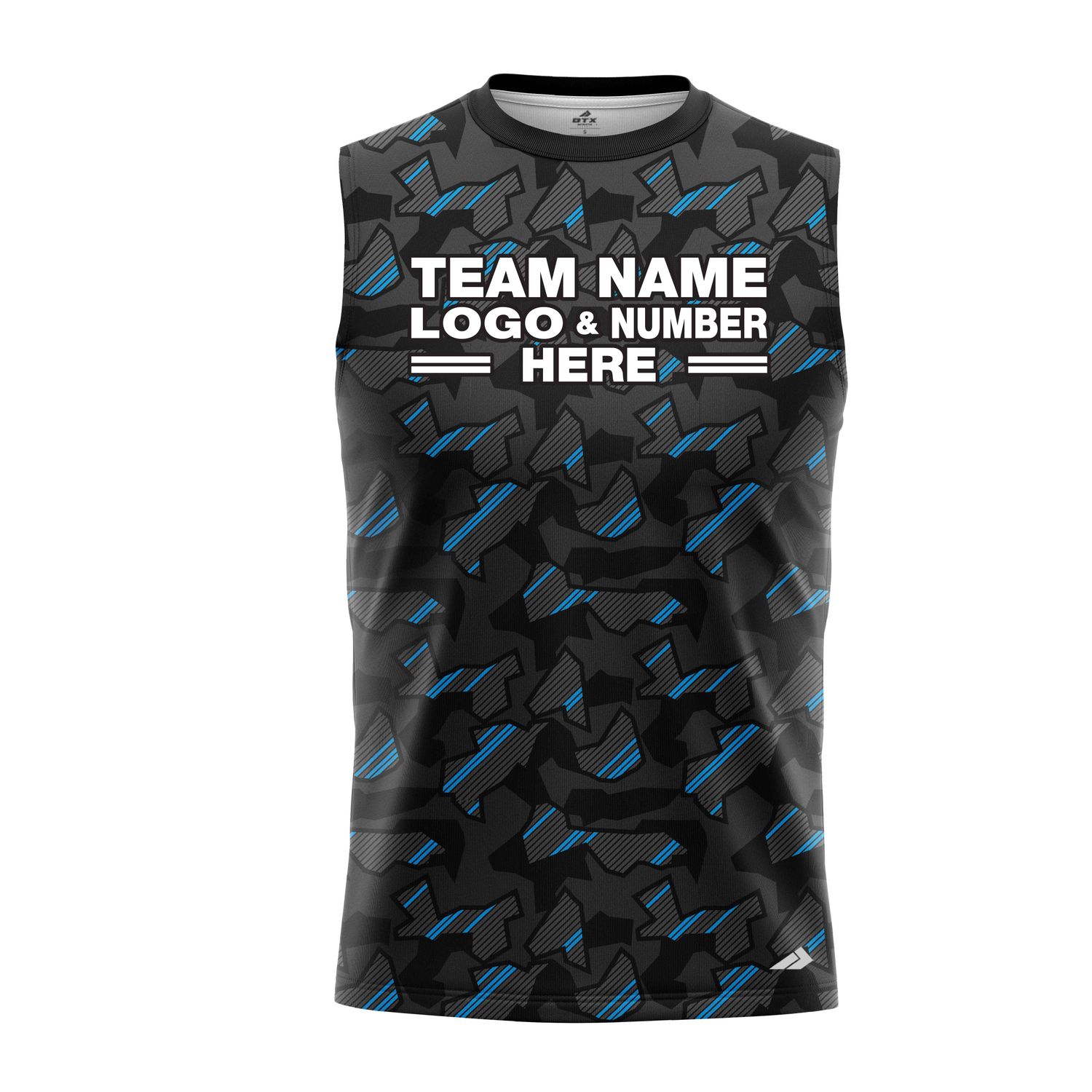 Custom Fully Sublimated Sports Camo Pattern Neon Blue Black Performance Sleeveless 21168