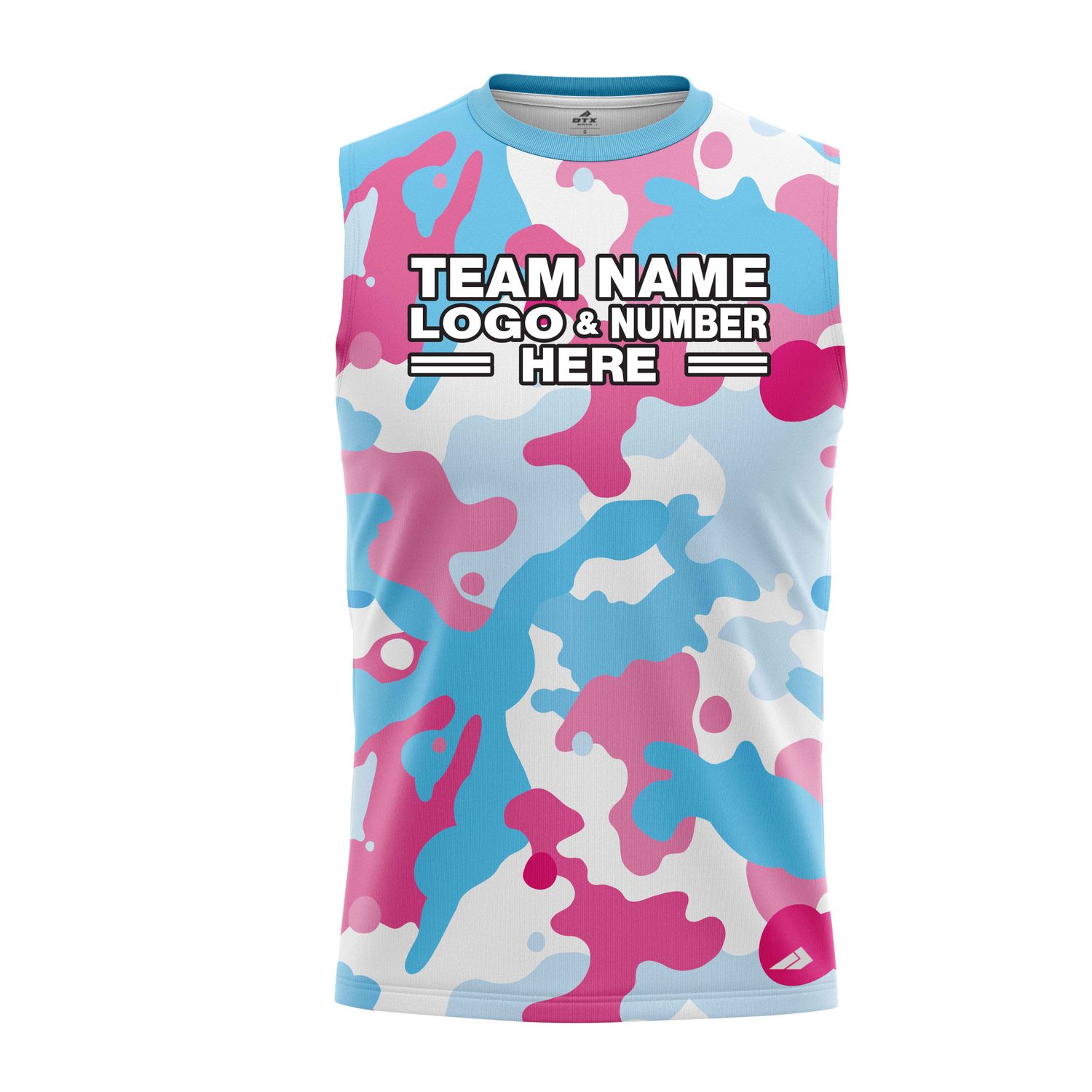 Custom Fully Sublimated Vibrant Camo Pattern Texture Sky Blue Pink Performance Sleeveless 21192