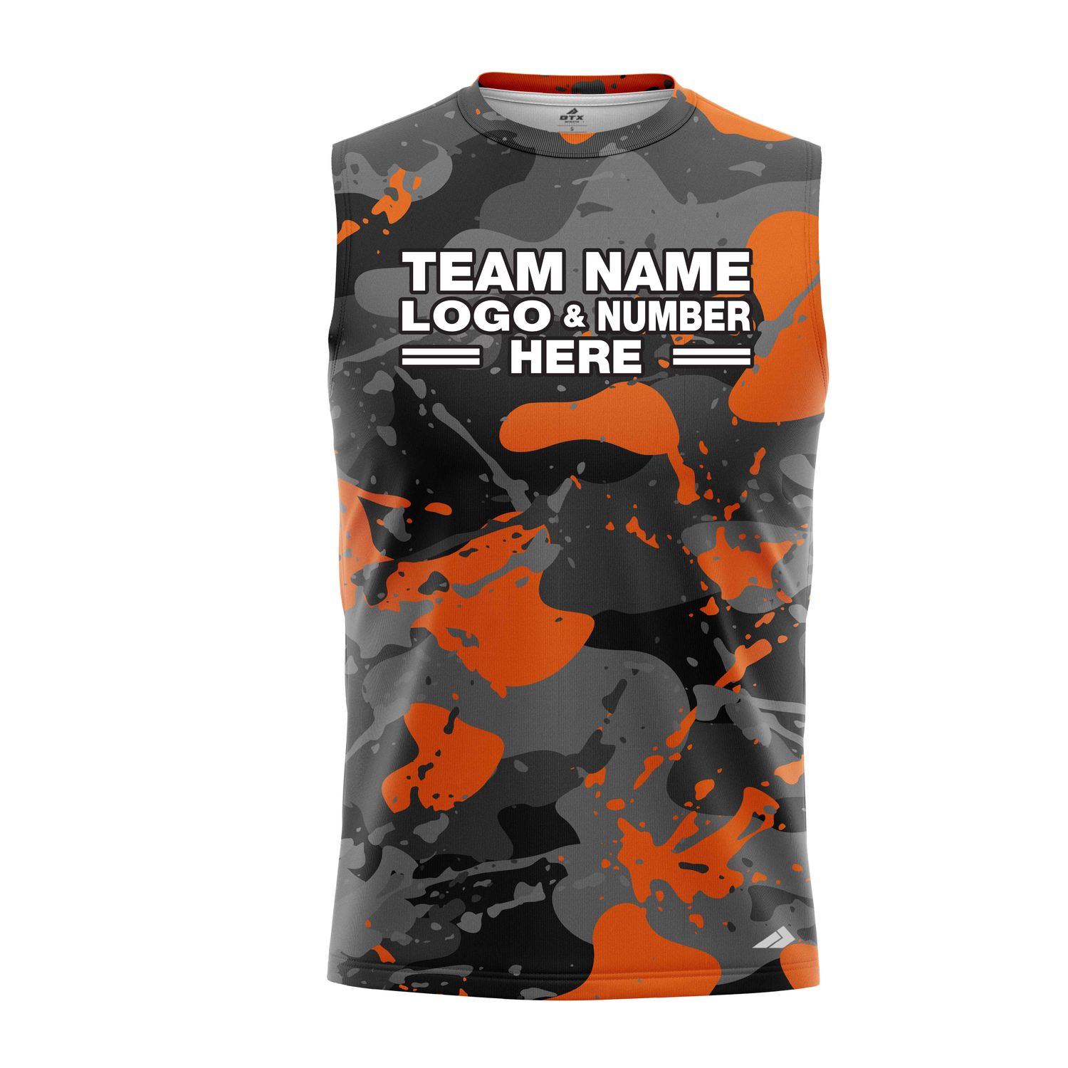 Custom Fully Sublimated Orange Splash Camo Pattern Black Gray Orange Black Performance Sleeveless 21240