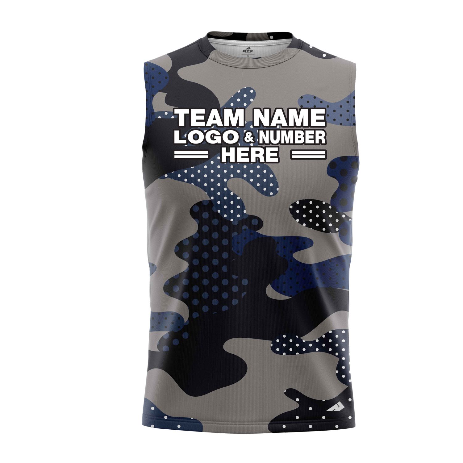 Custom Fully Sublimated Woodland Camo Pattern Dark Blue Gray Black Performance Sleeveless 21276