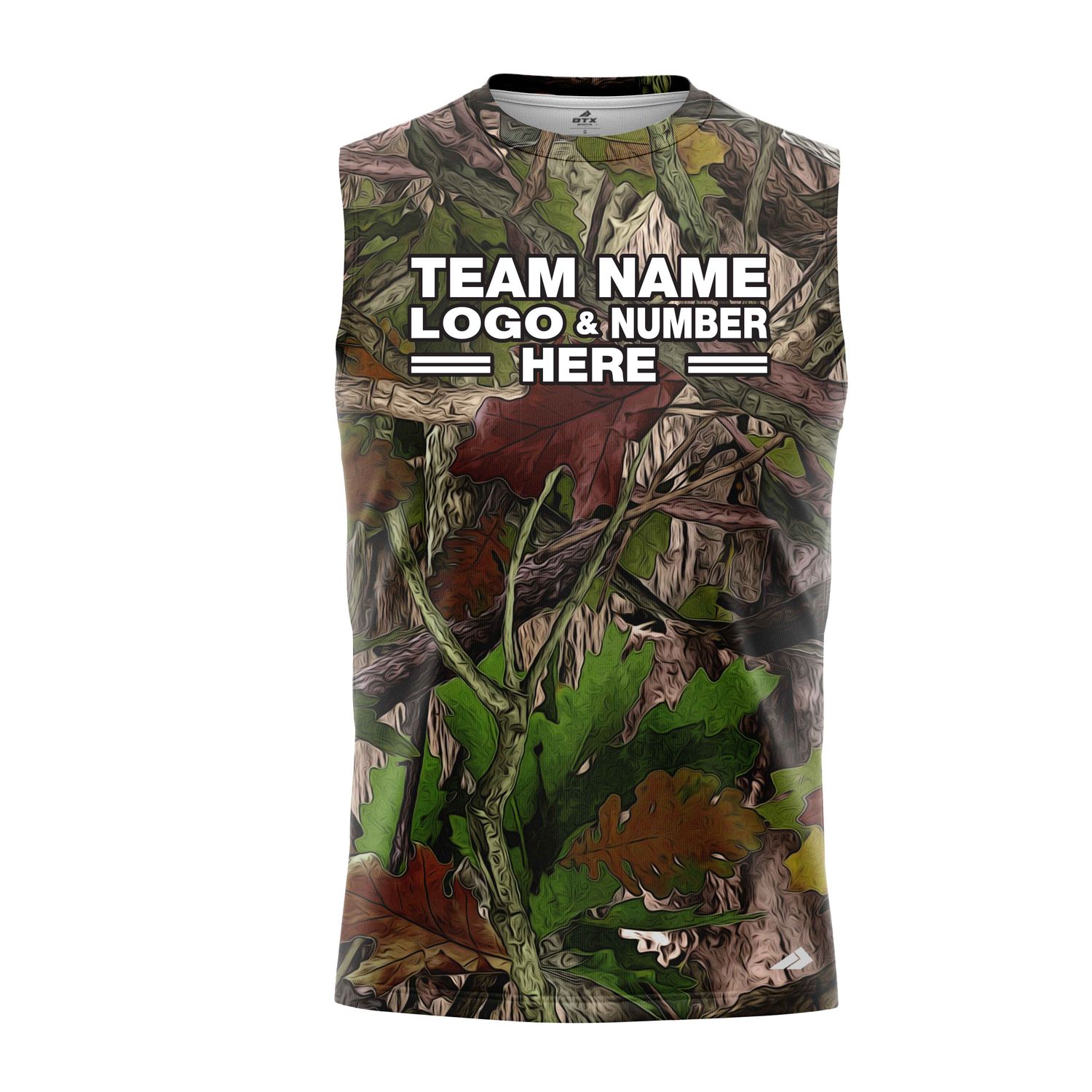 Custom Fully Sublimated Deep Woods Camo Pattern Black Brown Green Performance Sleeveless 21304