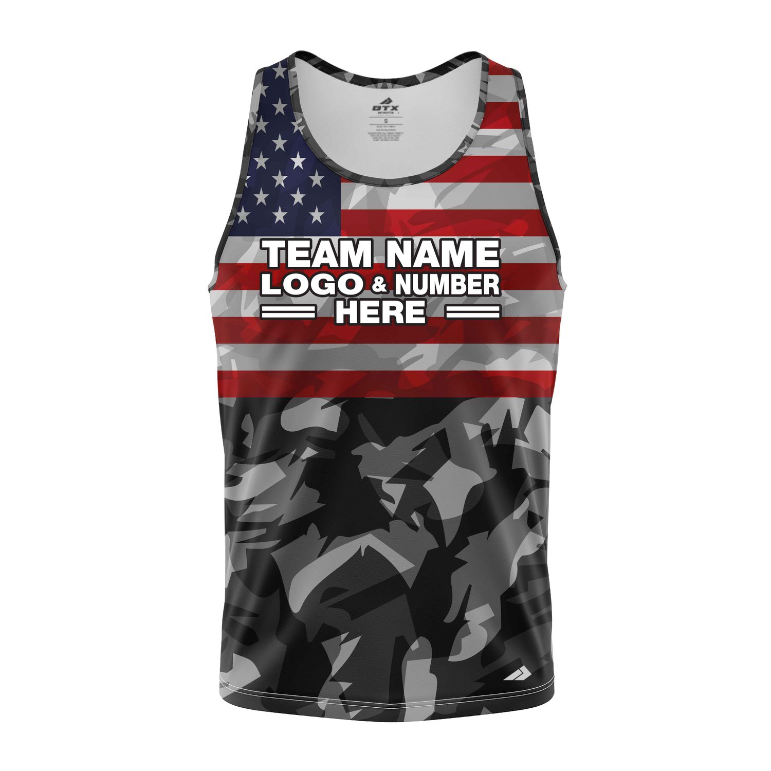Custom Fully Sublimated USA FLAG on Chest Camo Pattern Black Red Blue White Performance Tank Top 22188