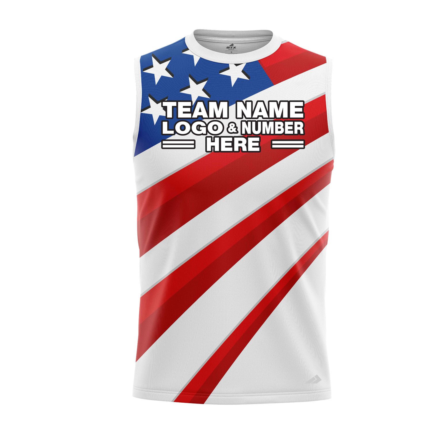 Custom Fully Sublimated Stars and Stripes Pattern Blue Red White Performance Sleeveless 22224