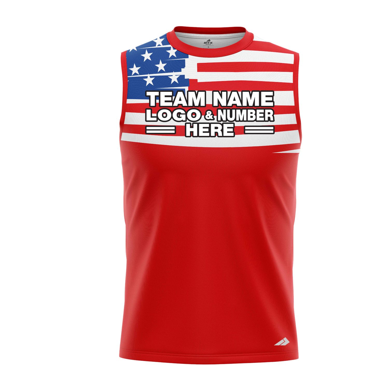 Custom Fully Sublimated USA FLAG on Chest Pattern Blue Red White Performance Sleeveless 22232