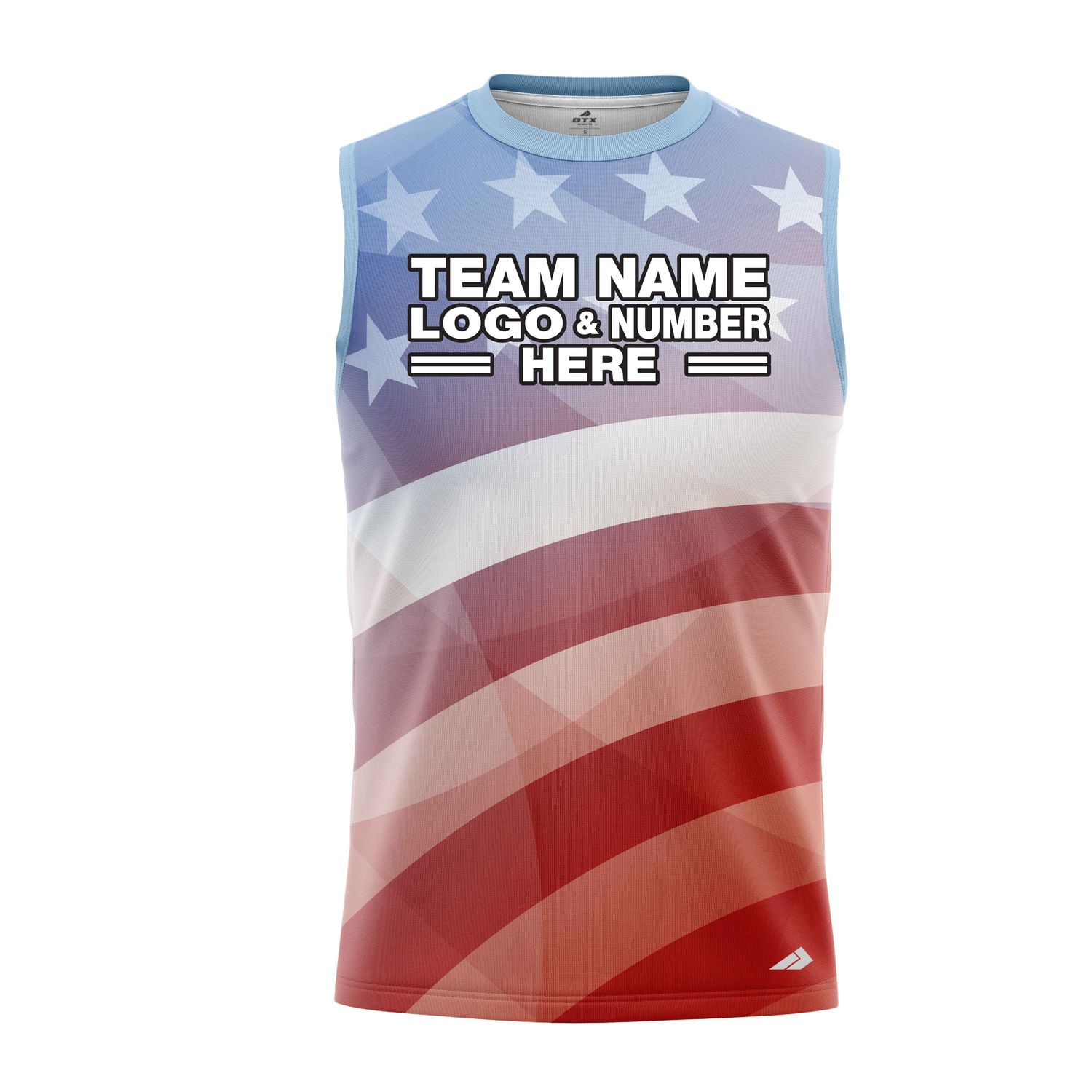 Custom Fully Sublimated USA FLAG Faded Pattern Blue Red White Performance Sleeveless 22228