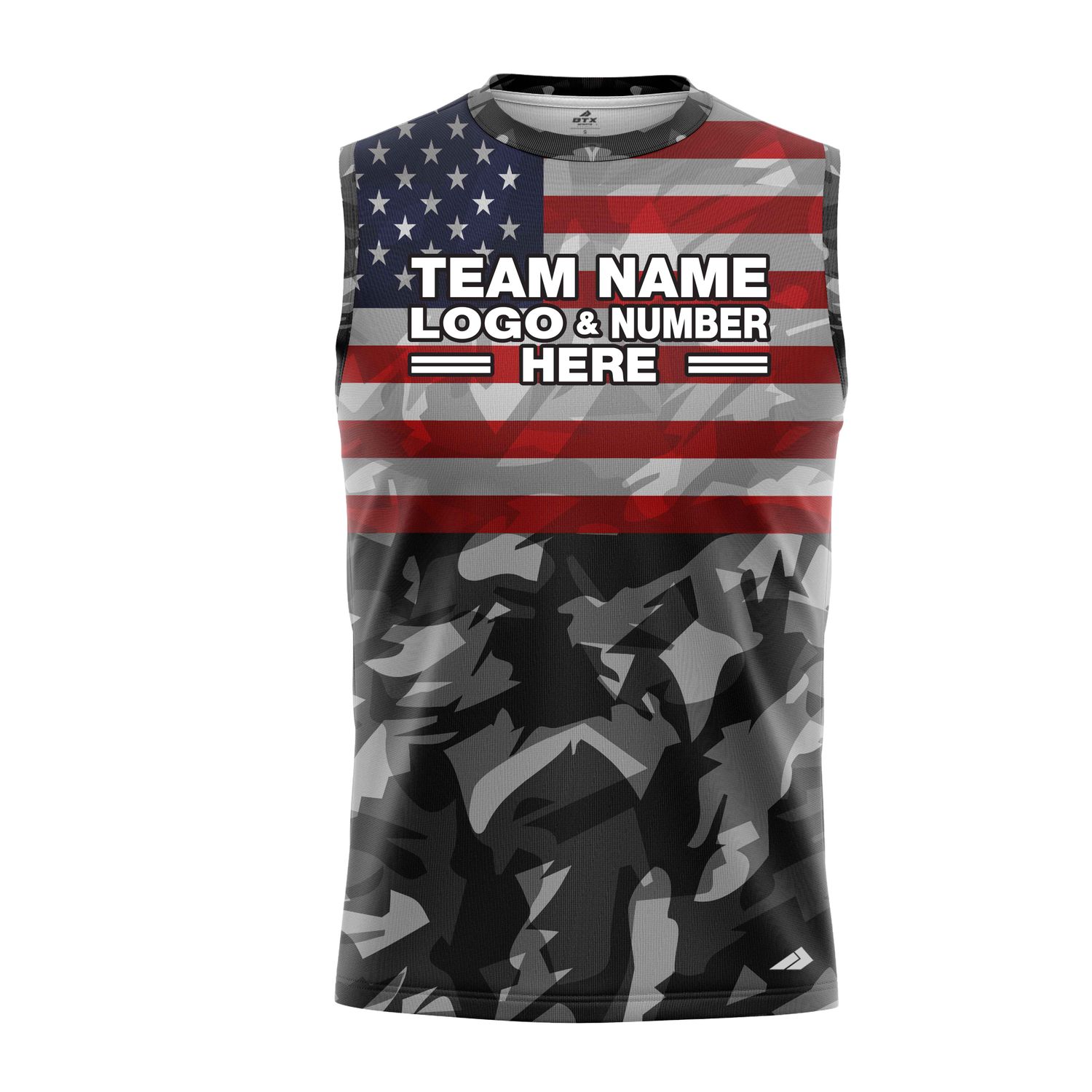 Custom Fully Sublimated USA FLAG on Chest Camo Pattern Black Red Blue White Performance Sleeveless 22248