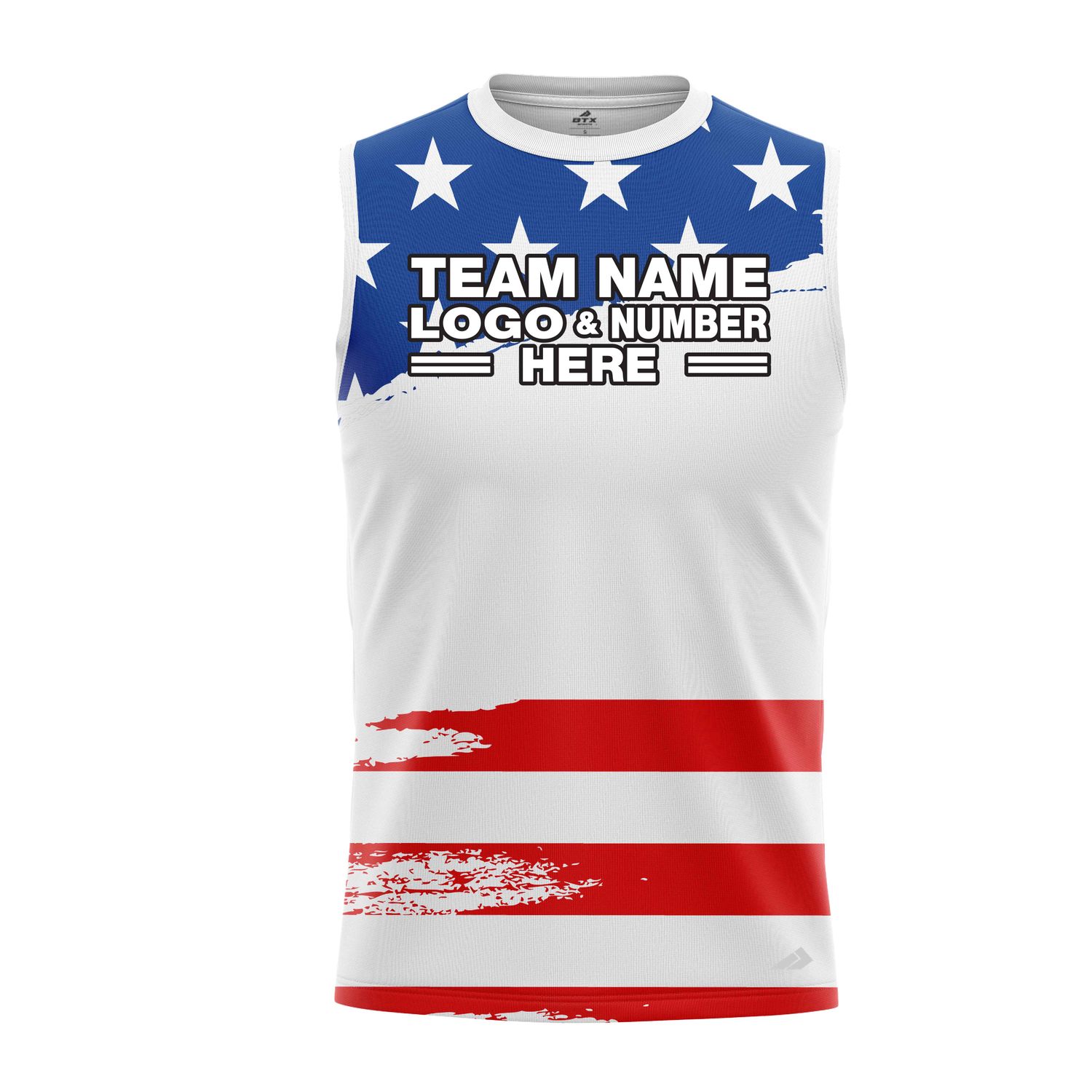Custom Fully Sublimated USA FLAG Radiant  Pattern White Blue Red Performance Sleeveless 22276