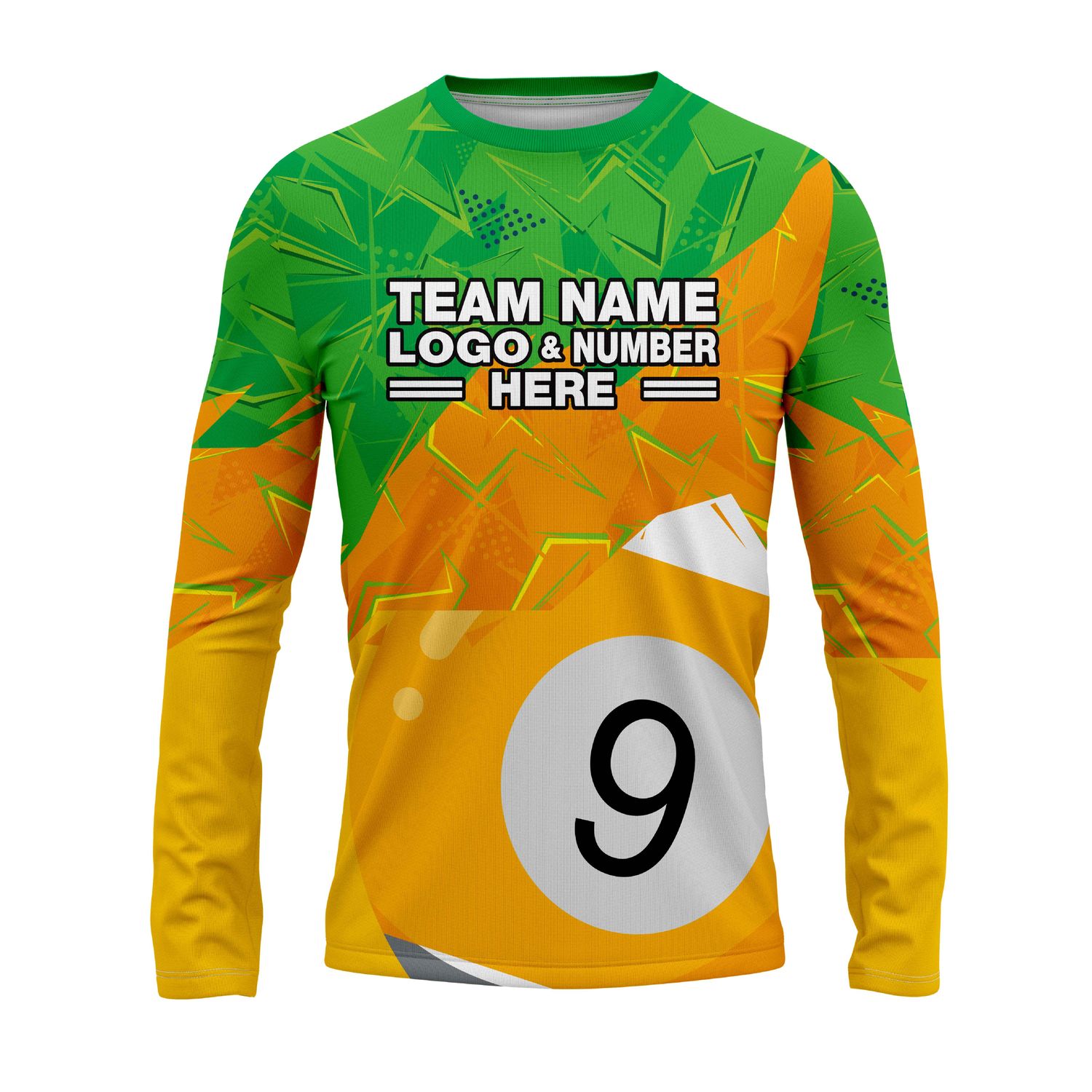 Custom Fully Sublimated Number Nine Pool Ball Pattern Green Yellow Performance Long Sleeves 22360