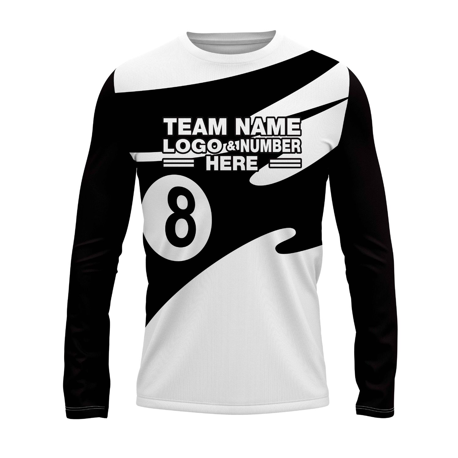 Custom Fully Sublimated Number Eight Pool Ball Pattern Black and White Performance Long Sleeves 22372