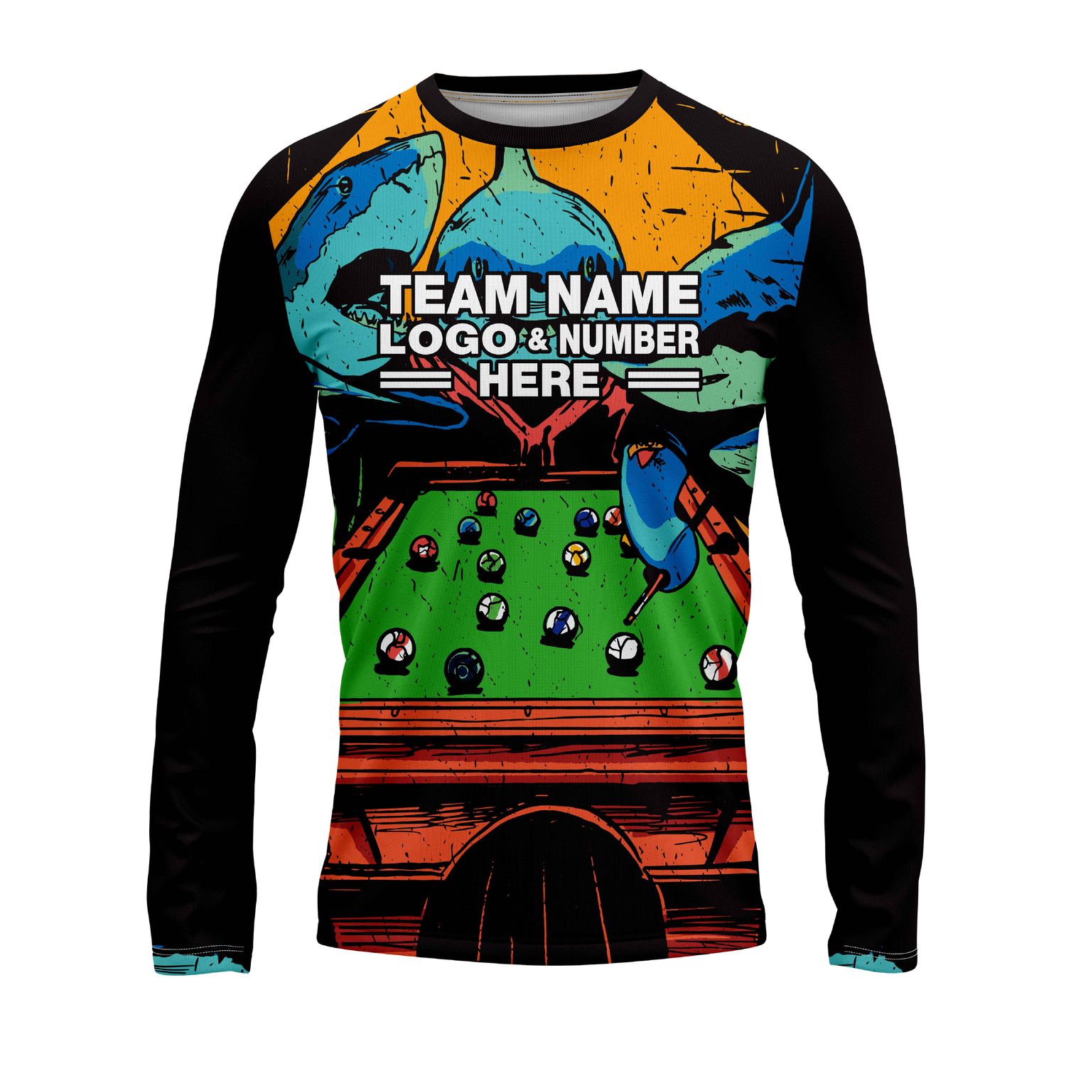 Custom Fully Sublimated Shark Pool Table Pattern Performance Long Sleeves 22396