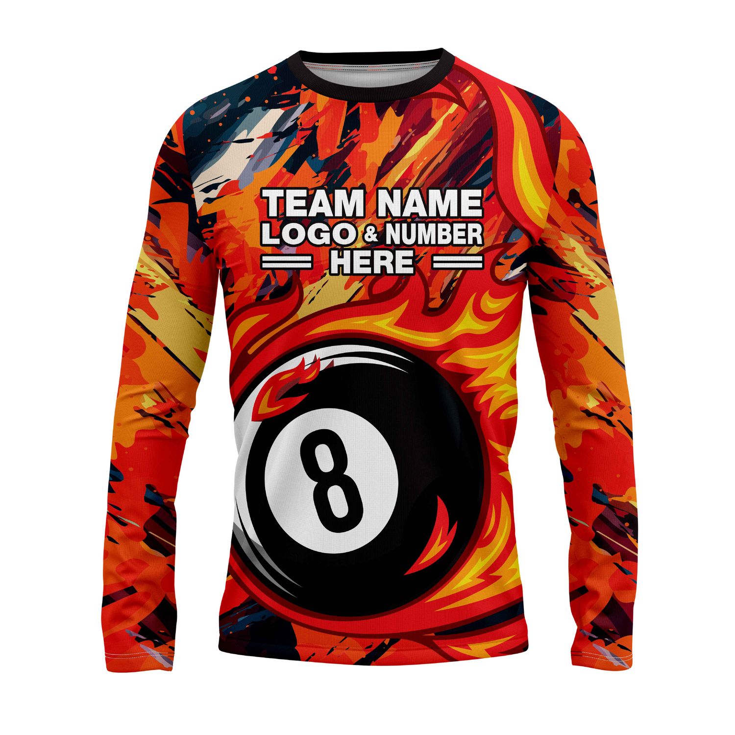 Custom Fully Sublimated Fireball Number Eight Pool Ball Pattern Performance Long Sleeves 22408