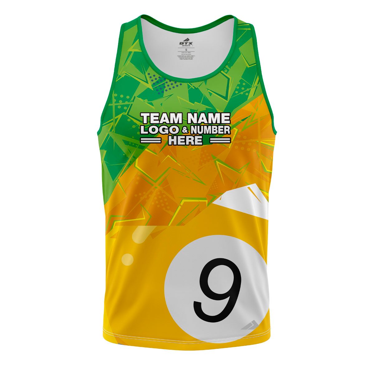 Custom Fully Sublimated Number Nine Pool Ball Pattern Green Yellow Performance Tank Top 22420