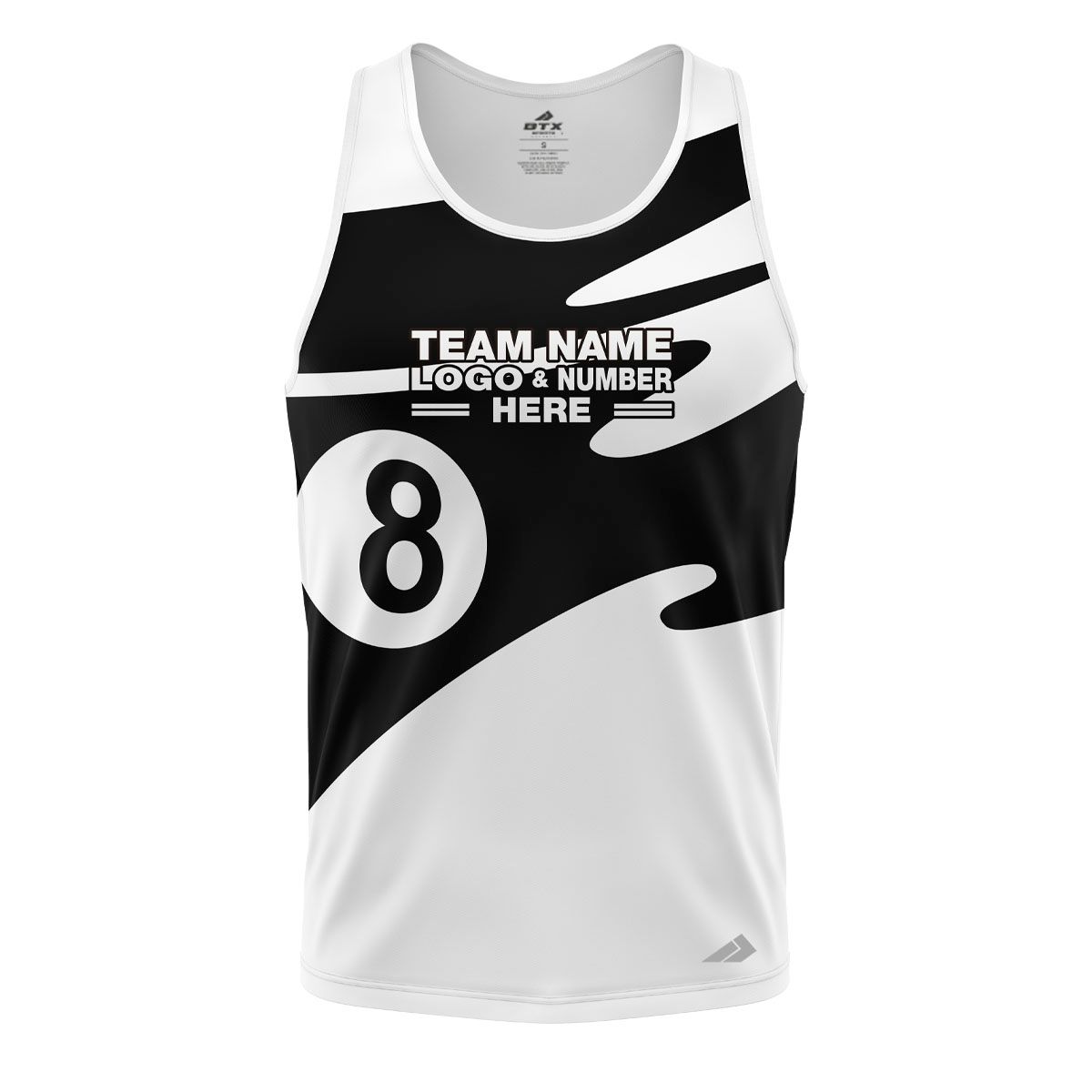 Custom Fully Sublimated Number Eight Pool Ball Pattern Black and White Performance Tank Top 22428