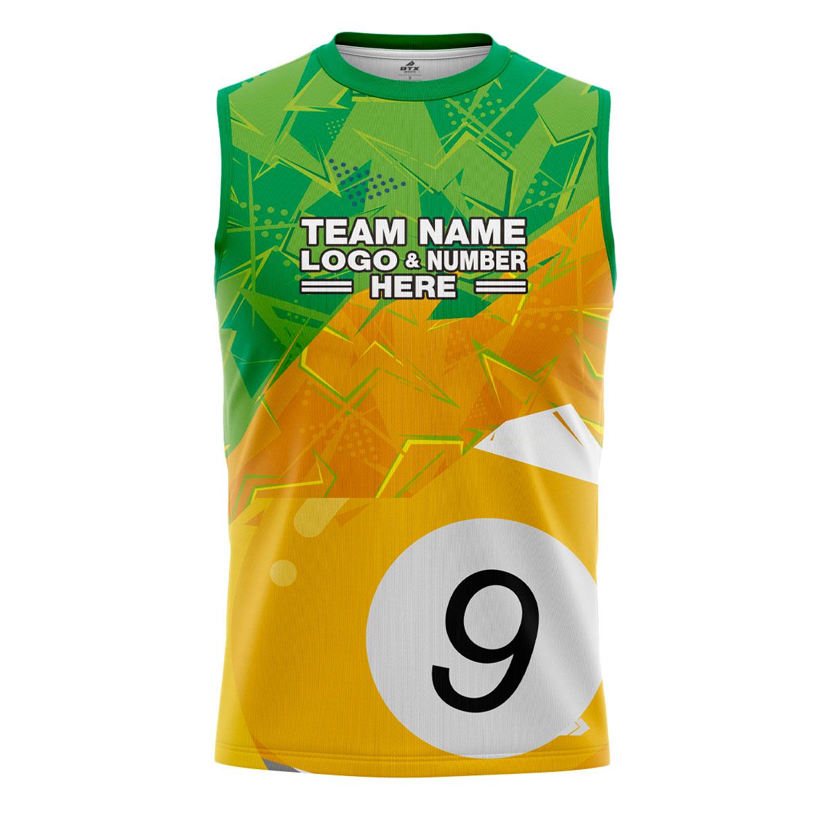 Custom Fully Sublimated Number Nine Pool Ball Pattern Green Yellow Performance Sleeveless 22444