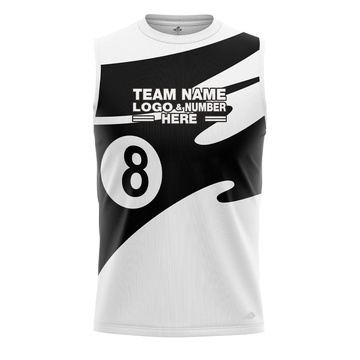 Custom Fully Sublimated Number Eight Pool Ball Pattern Black and White Performance Sleeveless 22452