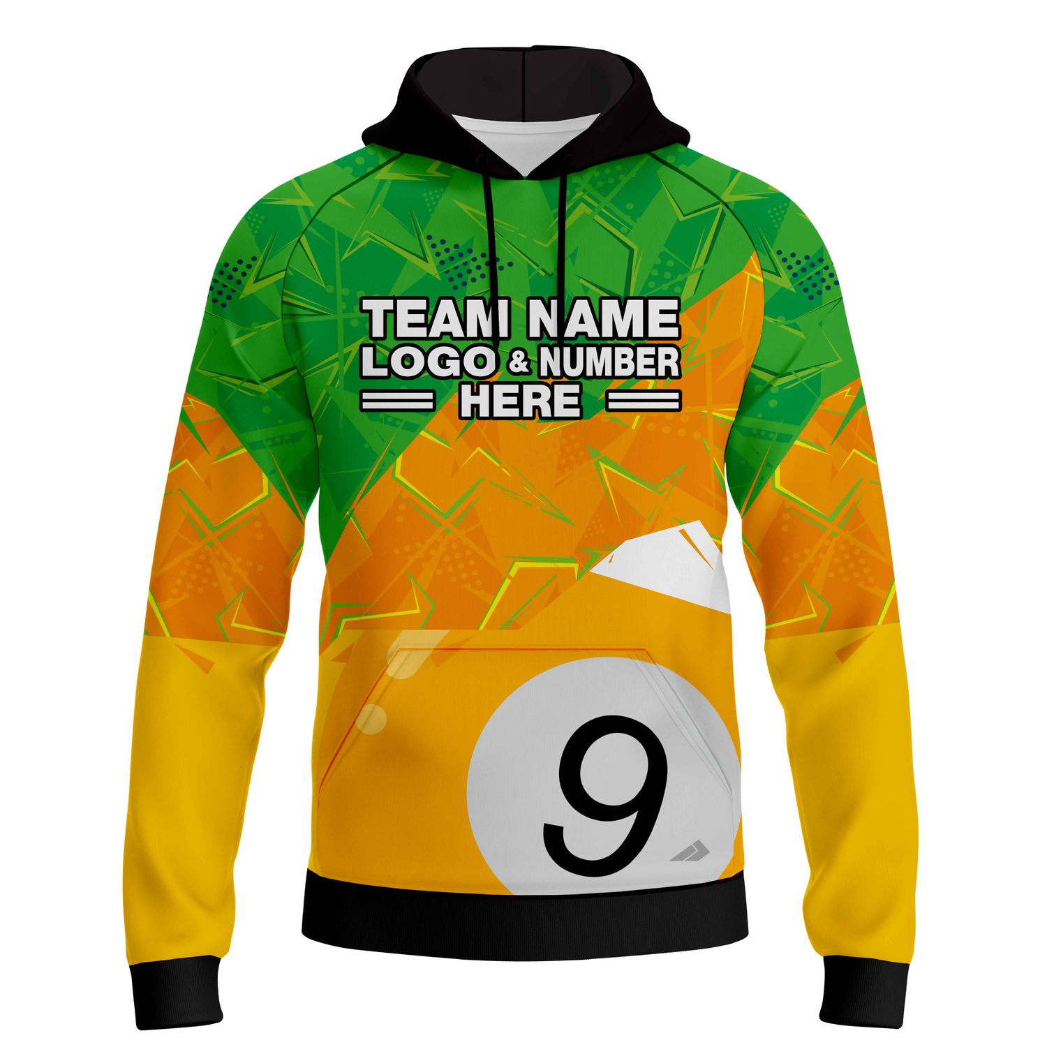 Custom Fully Sublimated Number Nine Pool Ball Pattern Green Yellow Performance Sports Pullover Hoodie 22468
