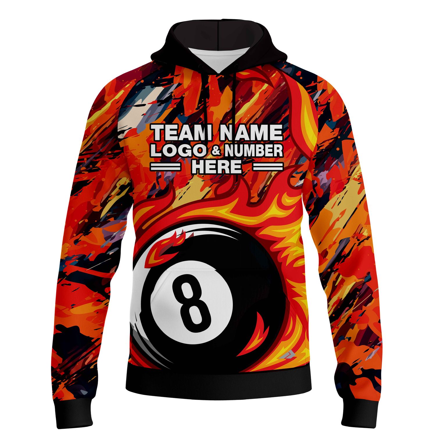 Custom Fully Sublimated Fireball Number Eight Pool Ball Pattern Performance Sports Pullover Hoodie 22478