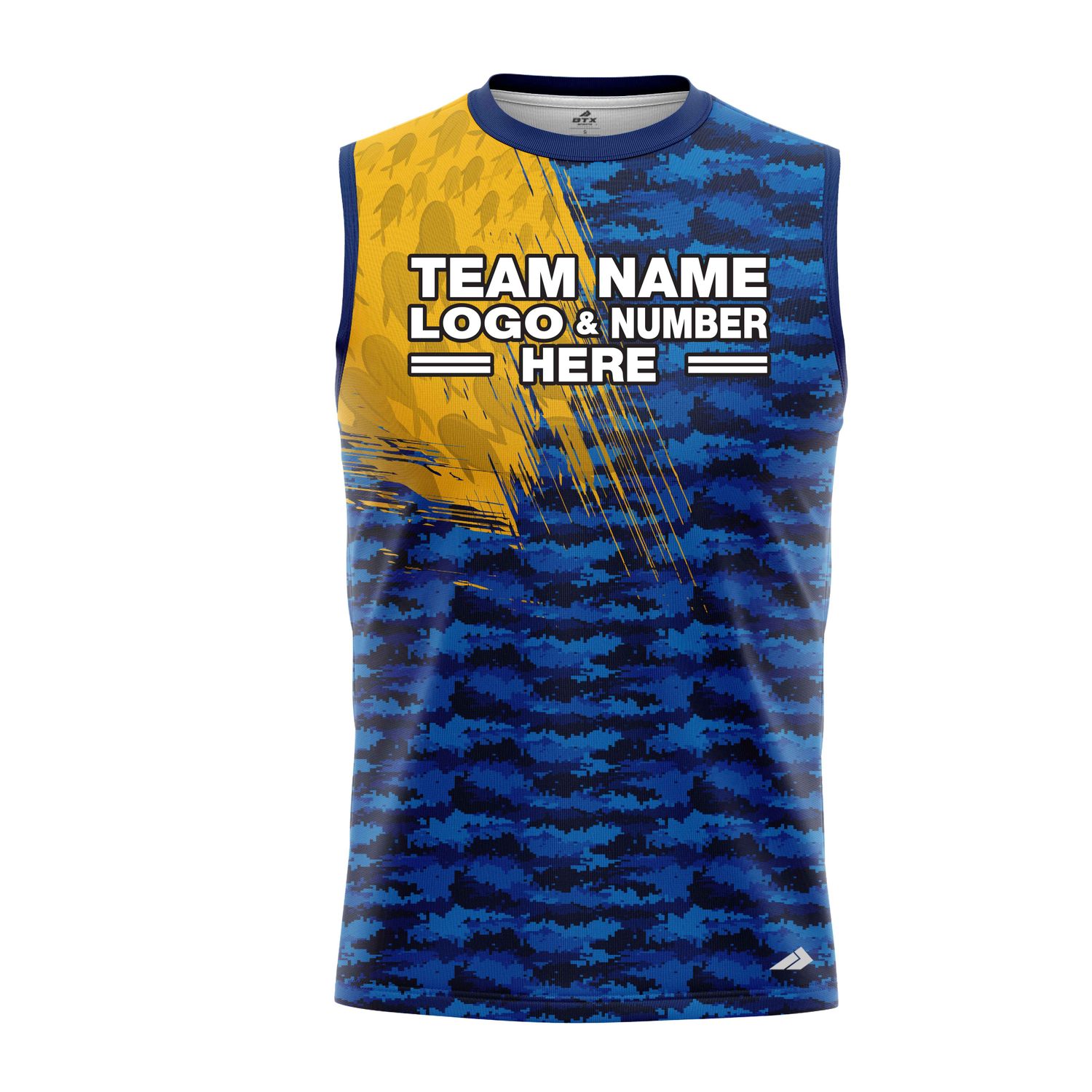 Custom Fully Sublimated Marine Fishing Pattern Blue Yellow Performance Sleeveless 22745