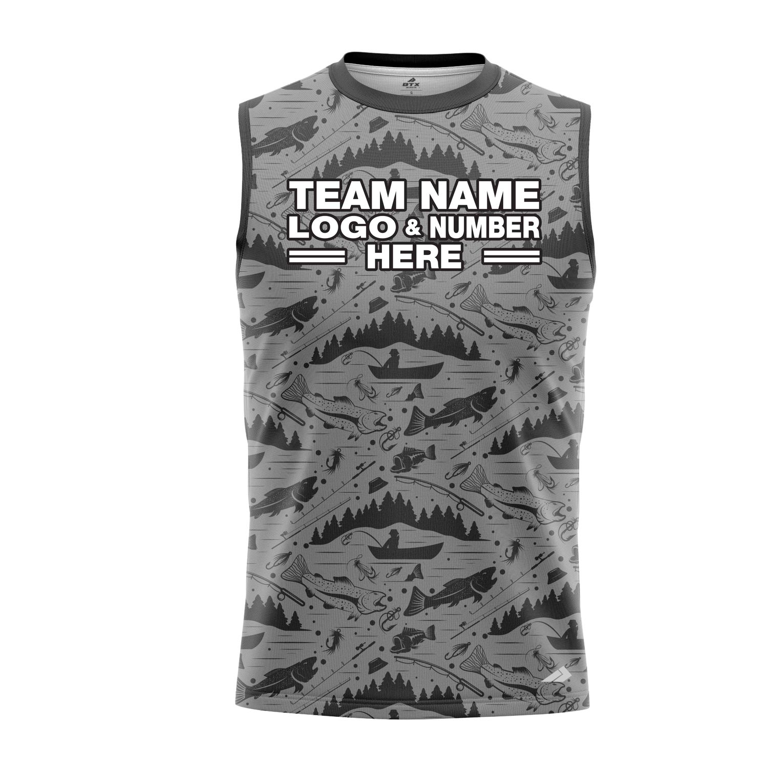 Custom Fully Sublimated Mosaic  Fishing Pattern Gray Performance Sleeveless 22761