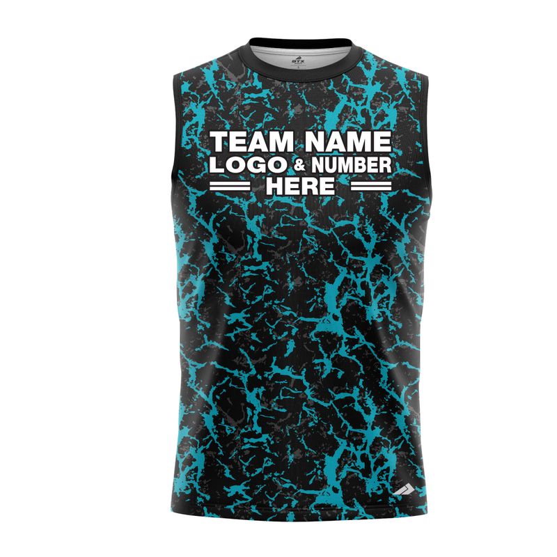 Custom Fully Sublimated Aqua Fishing Pattern Black Blue Performance Sleeveless 22793