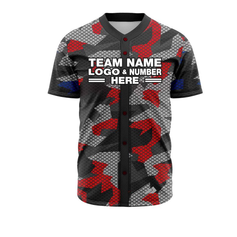 Custom Fully Sublimated Exotic Pattern Black Gray Red Blue Performance Baseball Softball Full Buttons Jersey 25008