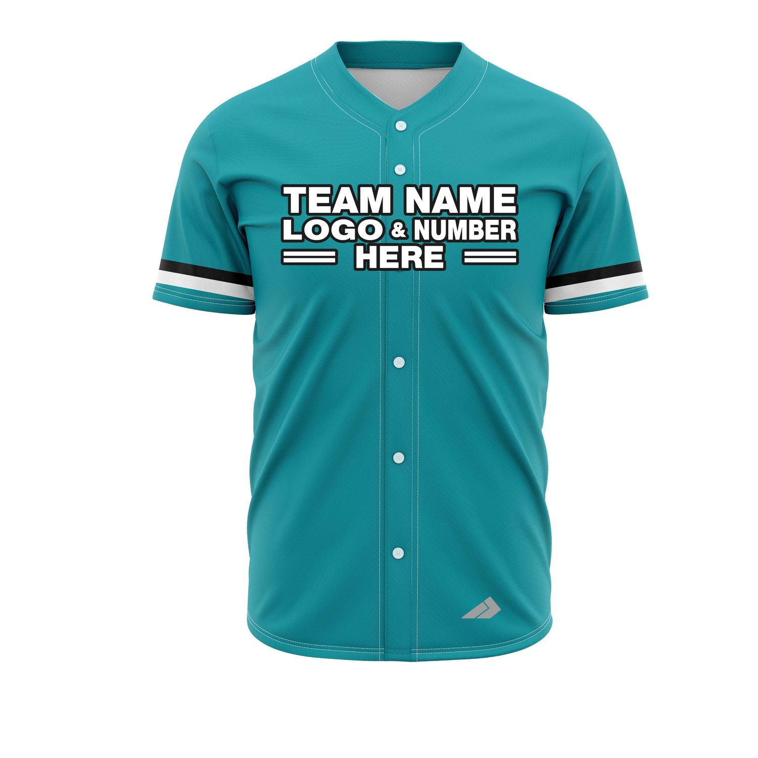 Custom Fully Sublimated Horizontal Stripes on Sleeves Three Pattern Teal White Black Performance Baseball Softball Full Buttons Jersey 25033