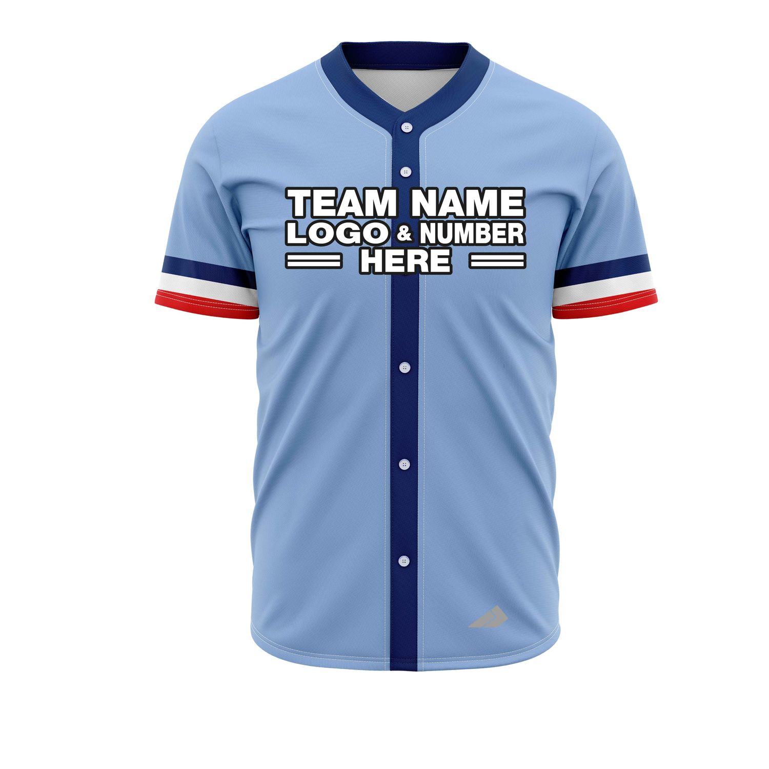 Custom Fully Sublimated Horizontal Stripes on Sleeves Pattern Baby Blue Red White Performance Baseball Softball Full Buttons Jersey 25031