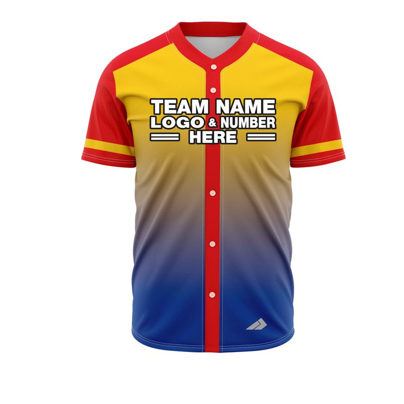 Custom Fully Sublimated Faded from the Bottom Two Pattern Yellow Red Blue Performance Baseball Softball Full Buttons Jersey 25045